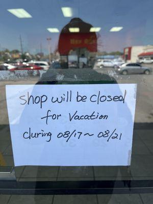 FYI. They will be closed for vacation 8/17-8/21/2023