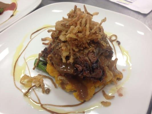 Butternut squash mash,grilled bison,crispy shallots and a shallot Demi