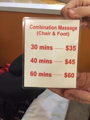 More options... Example: You can do 10 min Chair Massage & 20 min Foot (30min total=$35)...or 15/15 or 20/10... It's up to you...GOOD!