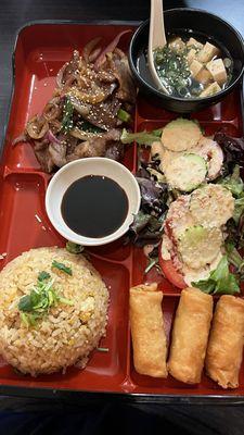 Bento Box: Teriyaki pork, fried rice, yakisoba, egg rolls.