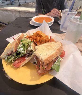 BLT + Chips Tomato bisque and cheesy roll!