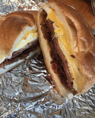 Bacon, Porkroll, egg and cheese on a Kaiser (all separate visits don't judge me)