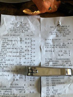 Receipt with a purchase item and a return policy on it