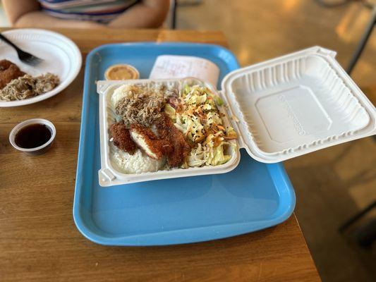 Aloha plate with kalua pork and chicken katsu.