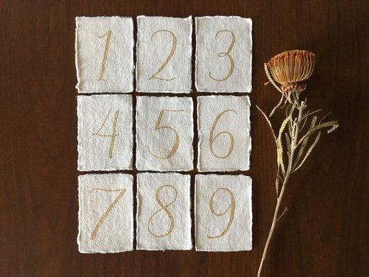 Wedding reception table numbers. Shown: Gold ink calligraphy on handmade paper.