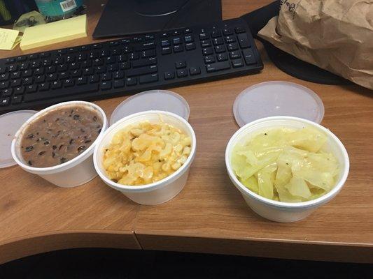 Black eye peas, Mac & cheese, and cabbage.