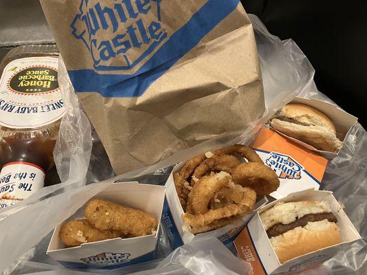 MOZZARELLA CHEESE STICKS, ONION RINGS, IMPOSSIBLE SLIDERS