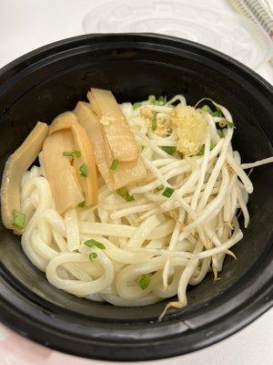 This is their udon lol. Just generic udon noodles, bamboo shoots, bean sprouts and stock udon broth. Look how sad it looks