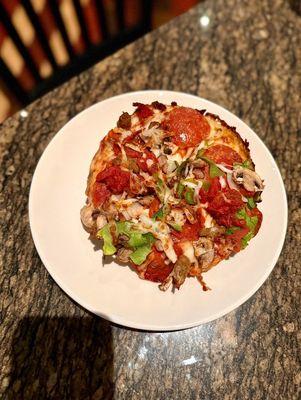 Mini deep dish pizza "Bj's Favorite" - meatballs, pepperoni, italian sausage, mushrooms, green bell peppers, onion,seasoned tomatoes