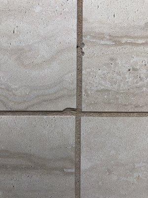 Chipped tiles laid in the center of the master bathroom