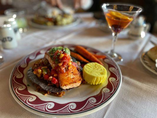 Salmon Tostada and Old Fashioned