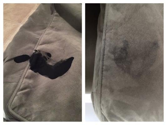 A calligraphy ink stain, before and after Capitol Cleaner got their hands on it. See my review for the full story.