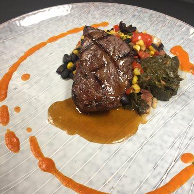 Grilled Top Sirloin Steak, Potato & Corn Hash, & Braised Greens