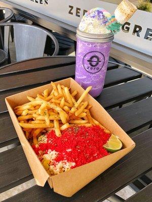 Ube Milkshake with Hot Cheetos Elotes and Regular Fries