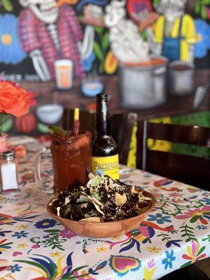 Mole Nachos with Michelada