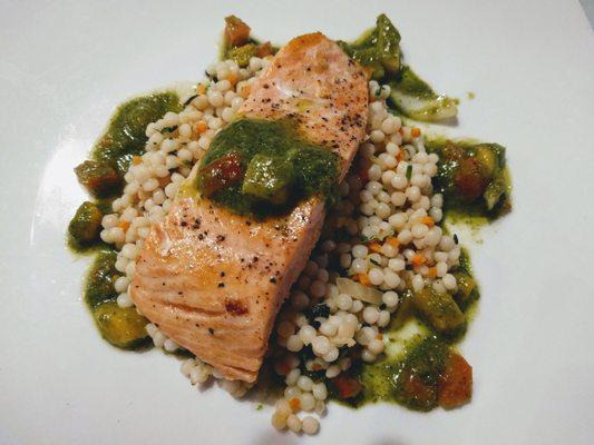 Spiced Salmon with couscous salad, and mango chimichurri. Delish!