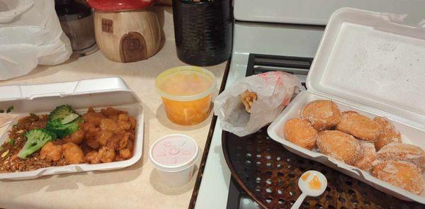 General Tso's chicken, egg drop soup, crab rangoons, and sugar biscuits.