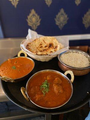 Chicken Tikka Masala & Chicken Curry with Naan and Basmati Rice