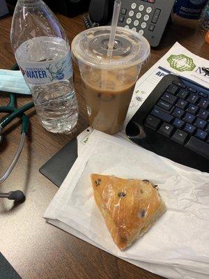 Chocolate chip scone and iced coffee.