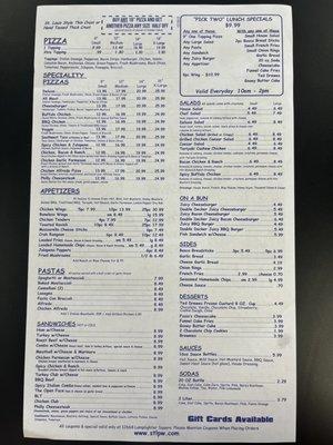 Back of menu