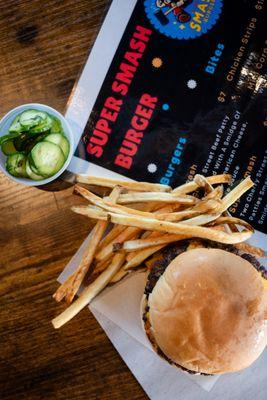 Smash burger and fresh cut fries with house pickles