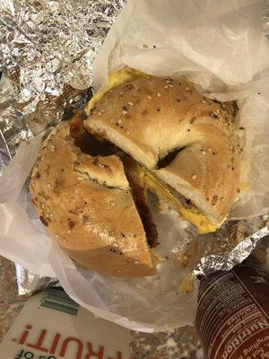 Sausage, egg and cheese on an "everything" bagel