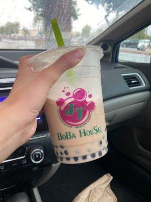 Large chia milk tea with regular boba