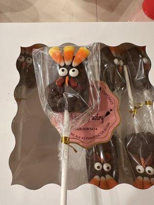 Rice crispy covered in chocolate and decorated as a thanksgiving turkey