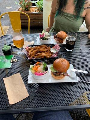 The bacon and blue cheese burger, pickle fries and the pulled pork sandwich.