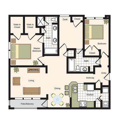 D Floor Plan
2 Bedroom +PLUS STUDY
 2 Bathroom 
1,462 Sq.Ft.
Call us today to schedule a tour of this floor plan:  (713) 613-9000