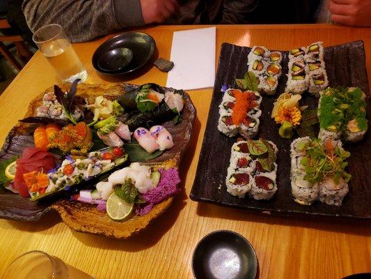 Omakase 4 2 (left). Rolls: Starting upper left, clockwise salmon/avocado, eel/avocado, Rockland, spicy scallop, spicy tuna & Keiko's roll.