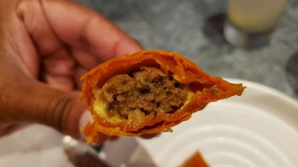 Interior of Philly Steak Empanadas ($10.75). Expensive, but excellent. Perfectly seasoned meat w/great shell.