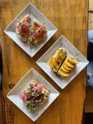 Salmon toast, ricotta toast, egg salad toast