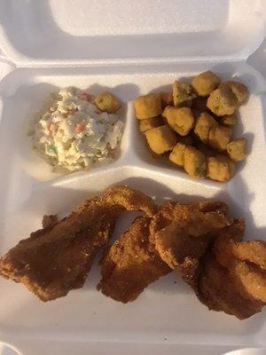 This is the "Catfish Feast", sides are okra, coleslaw, and a very small mac & cheese (not pictured)