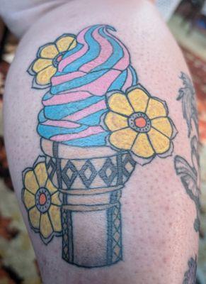 By Josh, one of his 1st large tattoos w/color. He's still learning so, it's not 100% perfect but it's simple lines that can be easily fixed.