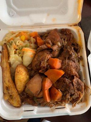 Brown Stew Chicken, rice and peas, cabbage, and Sweet Plantains (medium)