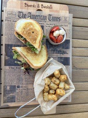 Gouda grilled cheese with white/Italian bread instead of rye; tots and caprese salad