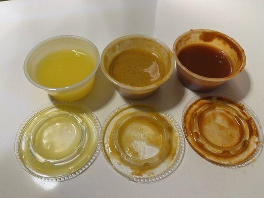 My meal via Door Dash came with 3 sauces. Left - Drawn Butter - Middle - Spicy Cajun - Right - Louisiana Hot Sauce