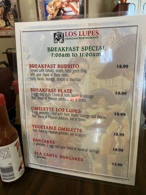 Breakfast specials menu