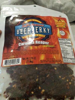 Jeff's Famous beef jerky has the largest selection of hottest jerky in town.  Carolina reaper is my favorite!