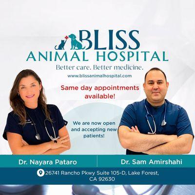 bliss animal hospital same day appointments available. We are accepting new patients.