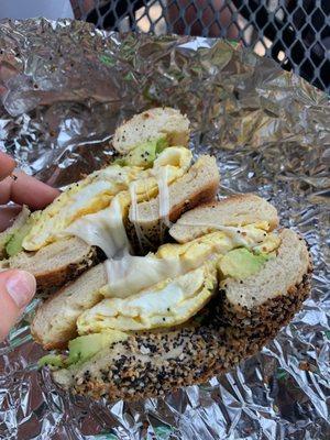 Egg avocado provolone on Everything bagel