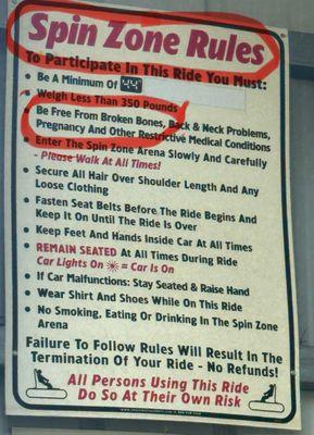 Spin Zone posted rules and warning.