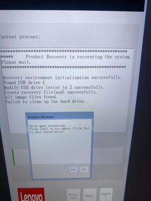 Screen after trying to reinstall drivers/ factory reset. Hard drive corrupted, and per Lenovo non-compatible.