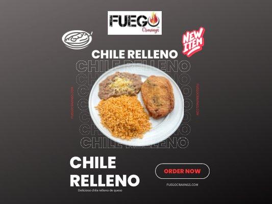 Chile Relleno with cheese coated with eggs, served with rice, beans and tortillas.