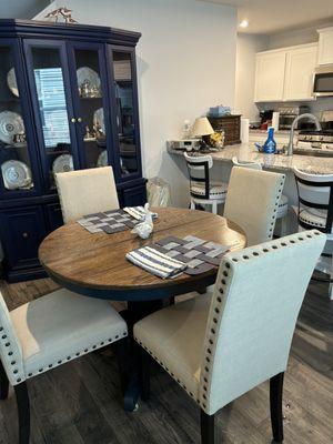 Navy blue hutch, oak / navy table with leaf