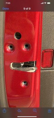 Hmmm what's missing here. Oh yeah the screws that hold the door latch to the door!!! Slight safety issue here.