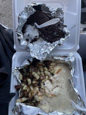 Biscuits and Gravy, Bacon, Potatoes, Brownie with Icing