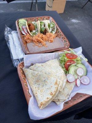 Flour Quesadilla and a Taco Plate with rice and beans.