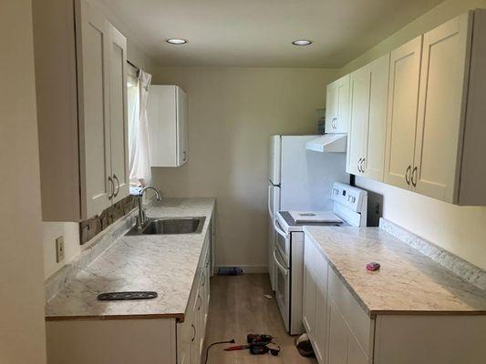 New walls, flooring cabinets and countertops